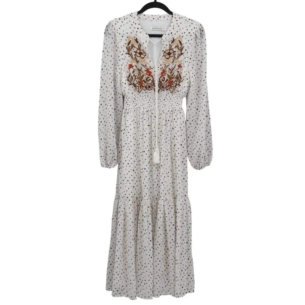Rustydustty Embroidered Midi Dress Womens S White Boho Bohemian Peasant Tiered - Picture 2 of 15